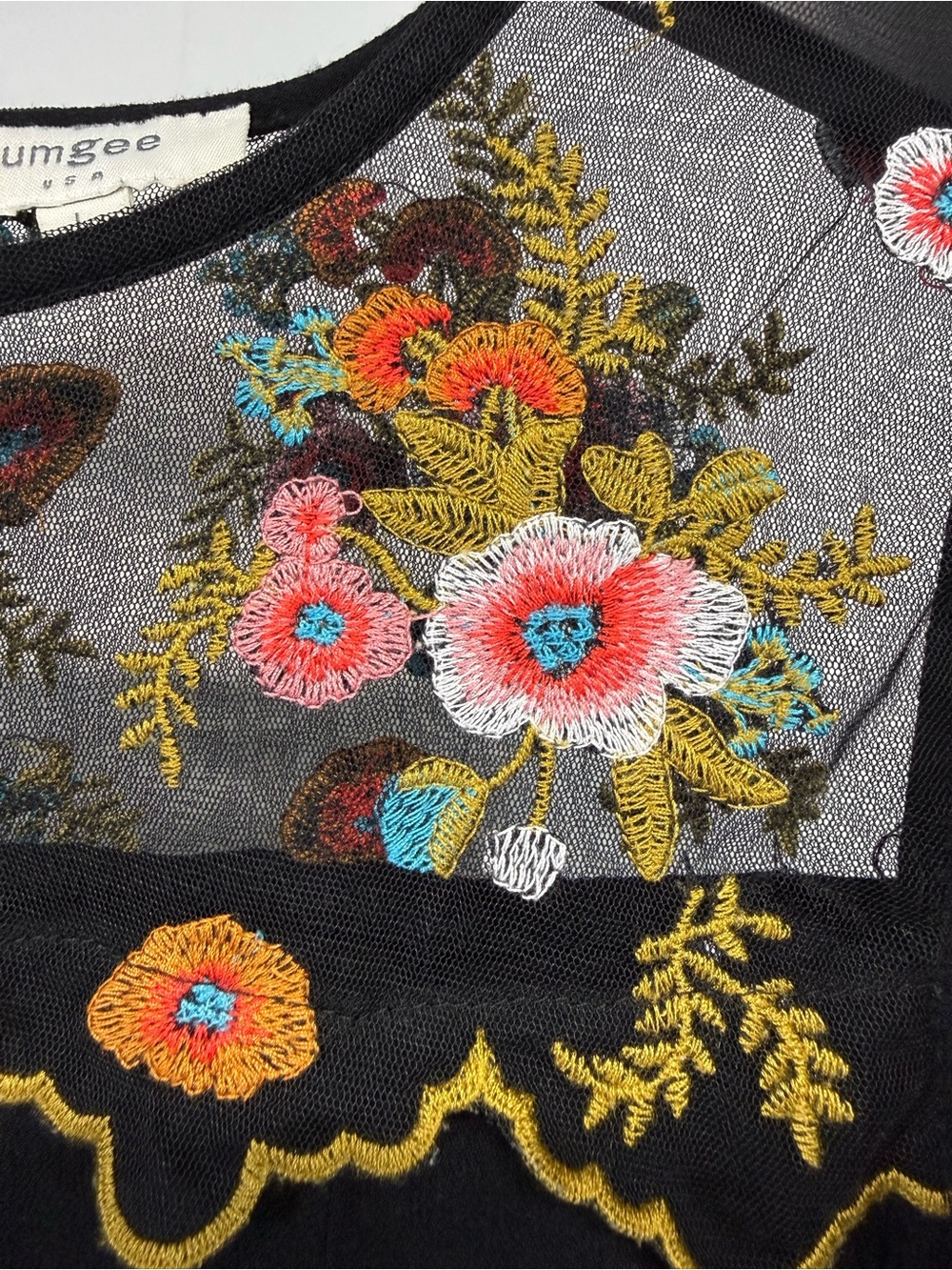 Umgee Black Mesh Midi Dress with Multicolor Floral Embroidery fits like a medium